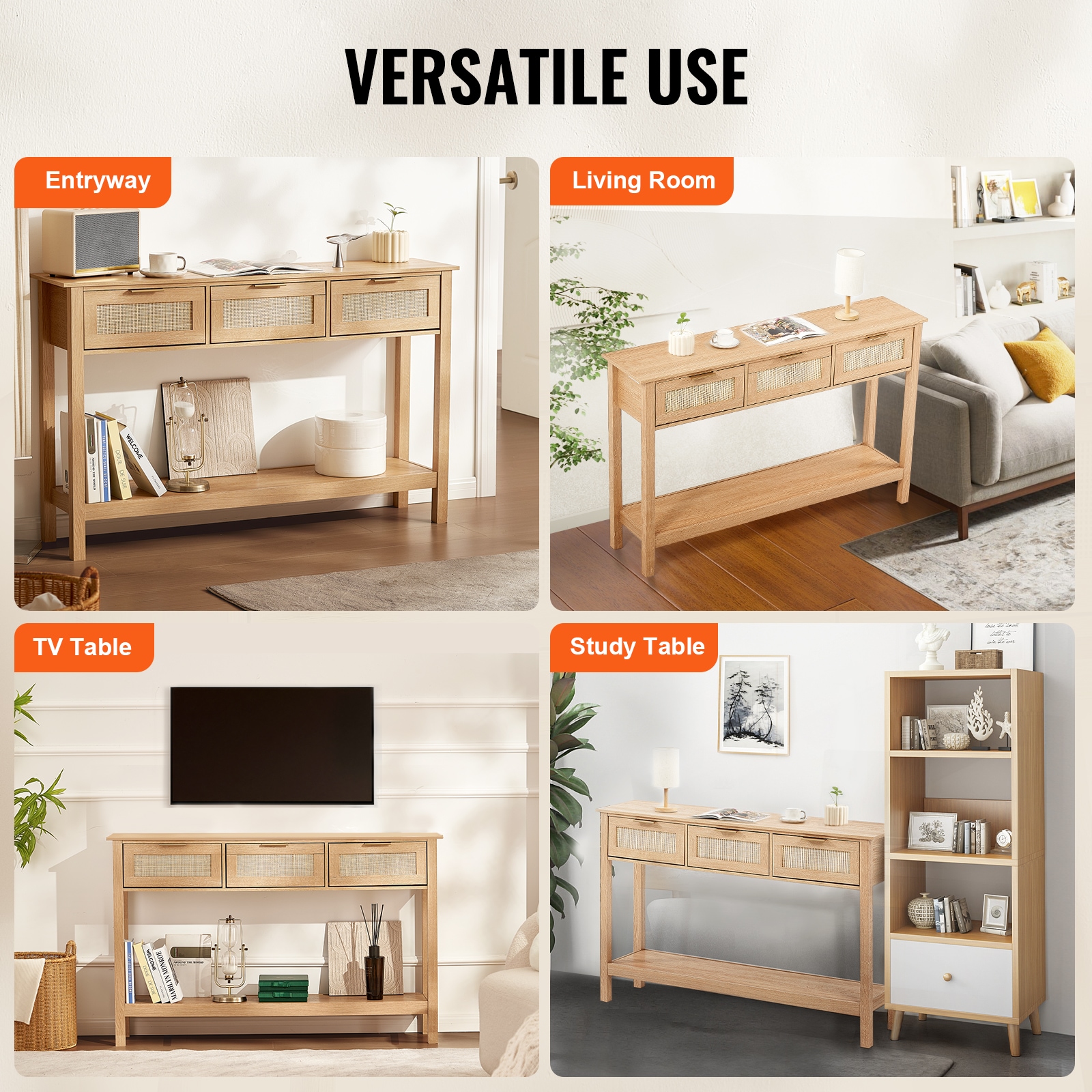 Rattan Console Table With 3 Drawers For Living Room And Hallway_voghion.com